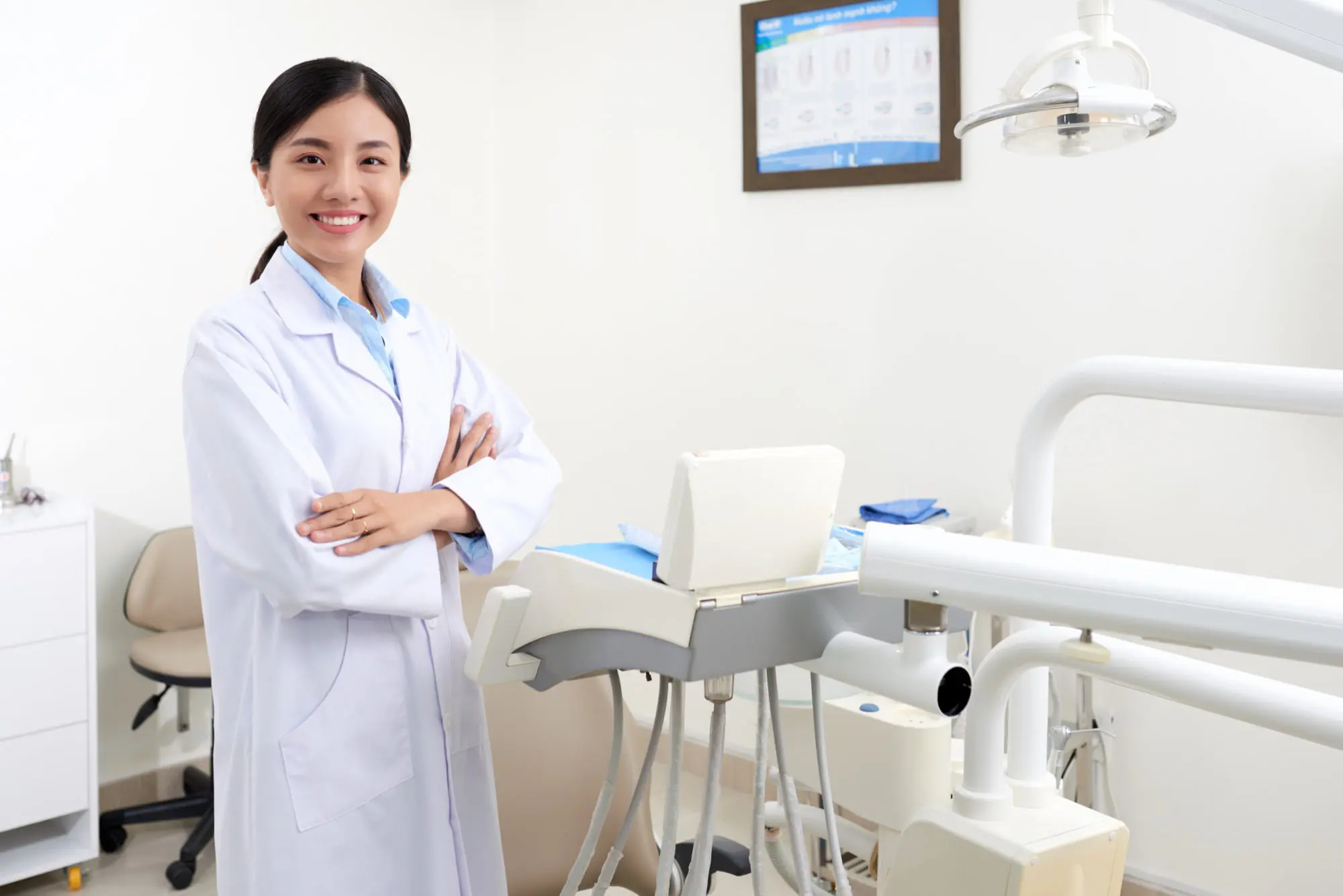 A dentist in a white coat stands arms crossed by dental equipment at Sweet Smiles Orthodontics in Arlington, MA, clinic chart behind.