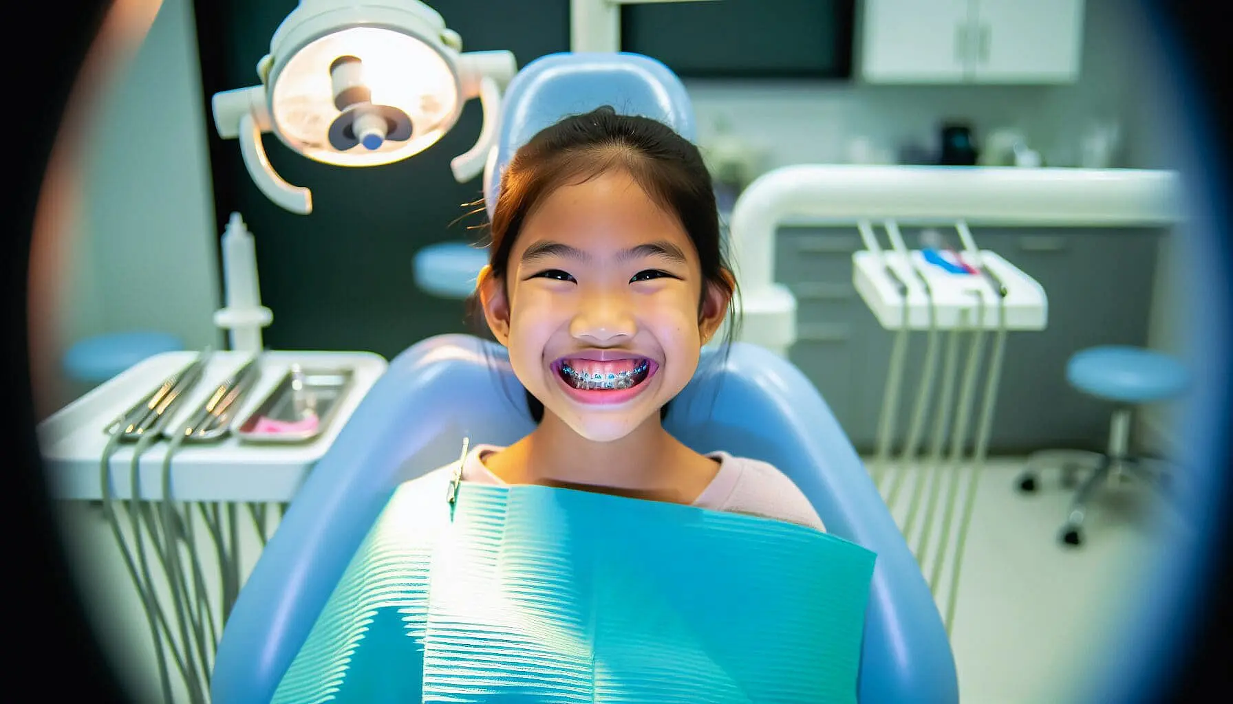 Happy young girl with colorful braces smiling confidently while sitting in a modern orthodontic treatment chair, showcasing the quality affordable braces and positive patient experience at Sweet Smiles Orthodontics in Arlington, MA