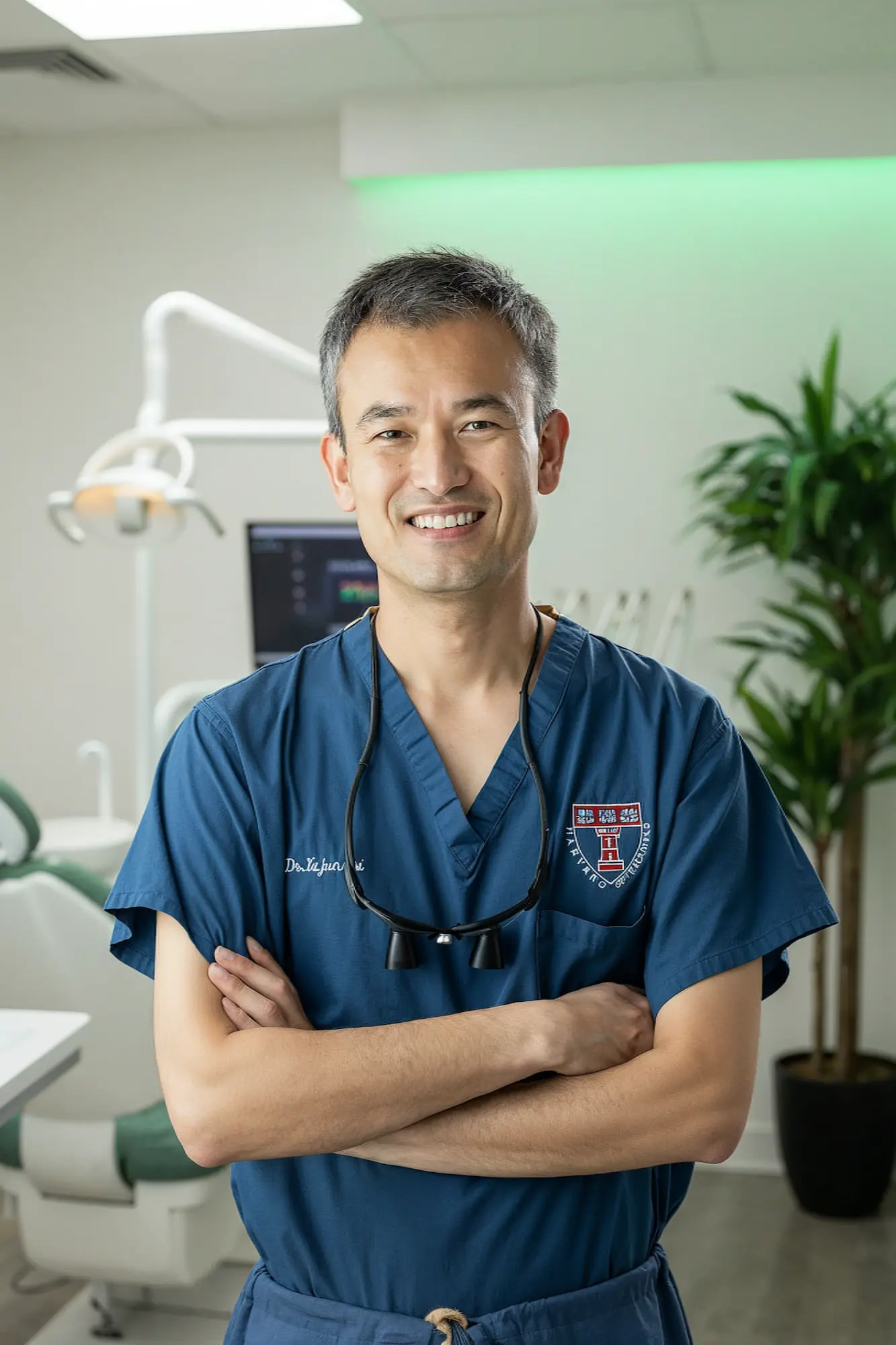 Dr. Yajun Cui, DMD, PhD, orthodontist expert at Sweet Smiles Orthodontics in Arlington MA, smiling in blue scrubs with Harvard Orthodontics logo, standing confidently with arms crossed inside a modern dental clinic.