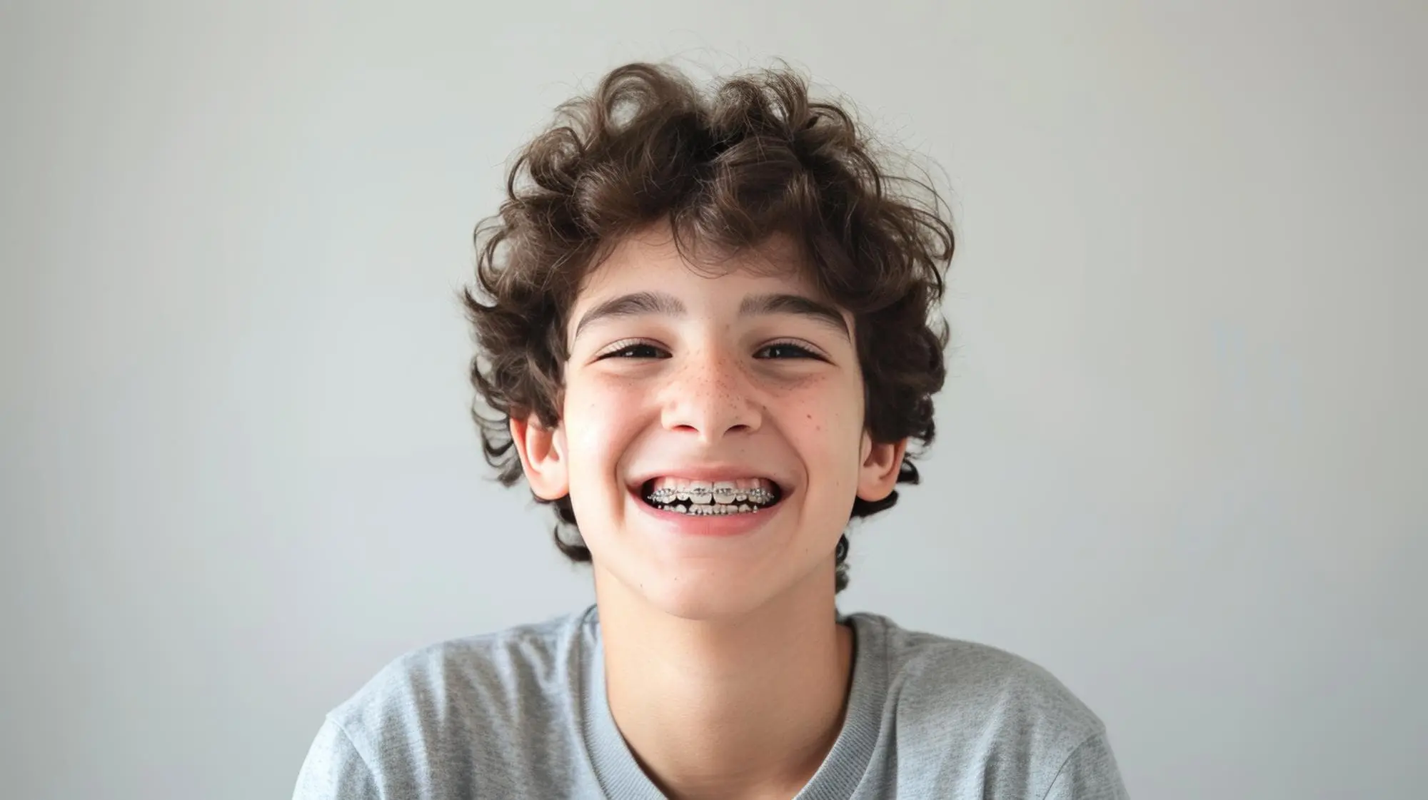 At Sweet Smiles Orthodontics in Arlington, MA, a young person with curly hair and affordable braces smiles in a gray shirt.