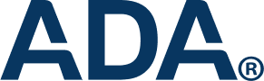 American Dental Association Bold, dark blue "ADA®" letters on light gray, symbolizing Sweet Smiles Orthodontics' quality in Arlington, MA.